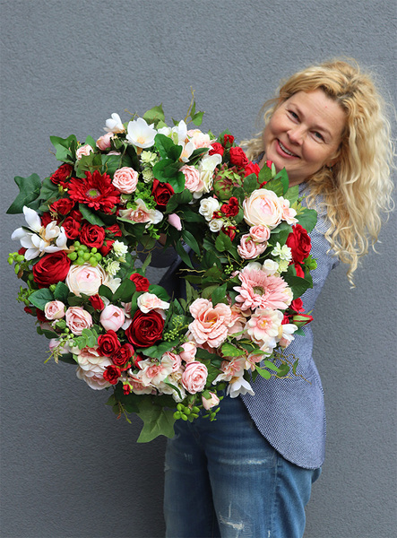 Molivia, czerwono - różowy wianek dekoracyjny, śr.49cm