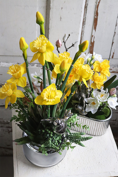 kompozycja wiosenna z gumowymi żonkilami, Esteria Salise, wys.54cm