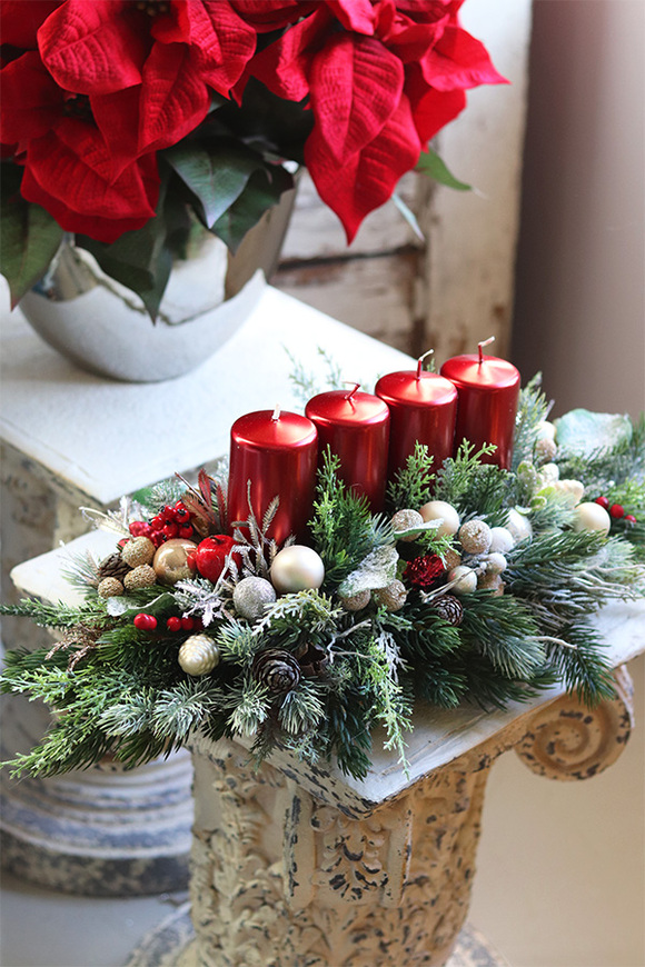 adwentowy stroik świąteczny na stół, Karminowe Szaleństwo, wym.20x55cm 