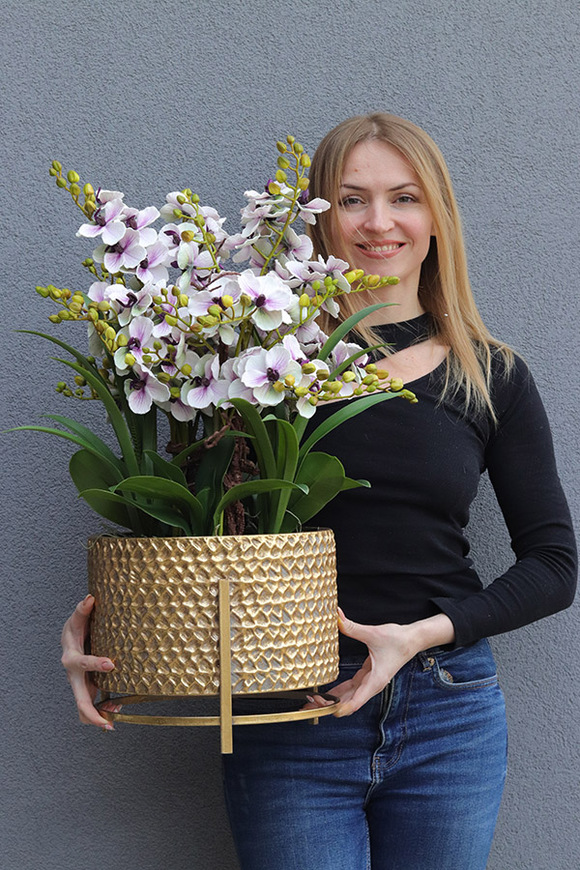 Goldenario Ellie 2, biały gumowy storczyk w złotej donicy