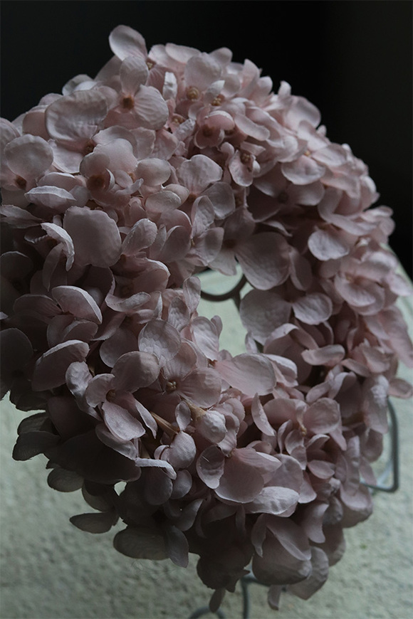 Leossi Pudrovy, dekoracyjny wianek z hortensji