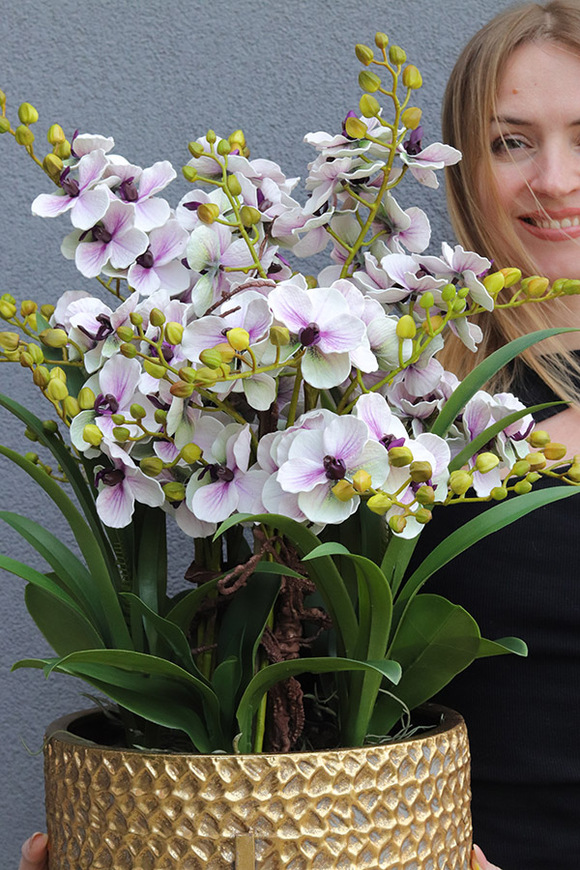 Goldenario Ellie 2, biały gumowy storczyk w złotej donicy