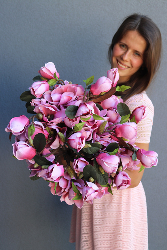 Magnolie, bukiet rózówych kwiatów, 15szt, dł.56cm