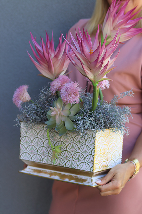 Pastelonia Echmea, kompozycja kwiatowa w metalowej doniczce