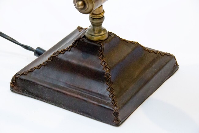 Bruce, ekskluzywna mosiężno - skórzana lampa na biurko, wym.32x15x43cm