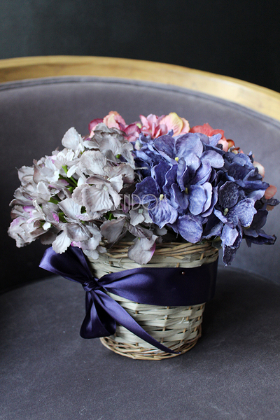 kosz z kwiatami Romantyczna Hortensja Premium 23x25cm