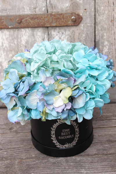 kompozycja kwiatowa / bukiet Flowerbox, Hortense Blue wys.28cm