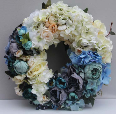 Błękit Nieba Wiosną, dekoracyjny wianek na drzwi, większy, śr.45cm