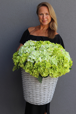 bogaty kosz z hortensjami, Provance Pistacio Light, wys.47cm   