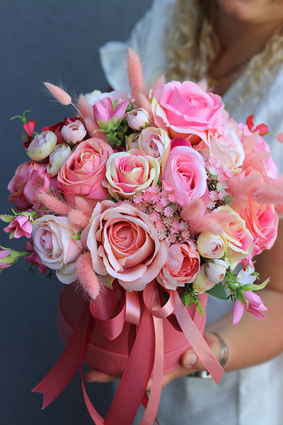 Koralowy Velvet, różowy welurowy flowerbox, wys.31cm