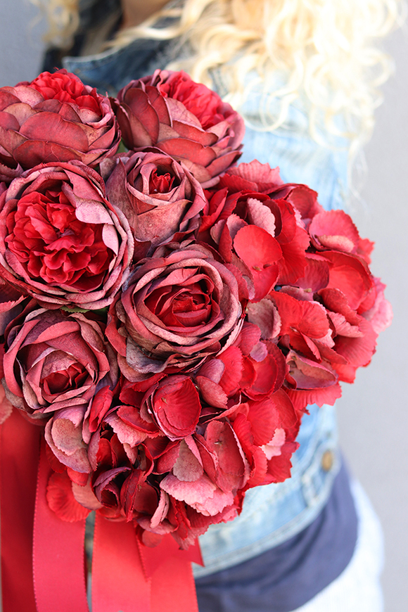 bordowy bukiet róż i hortensji, Rosallia, dł.52cm