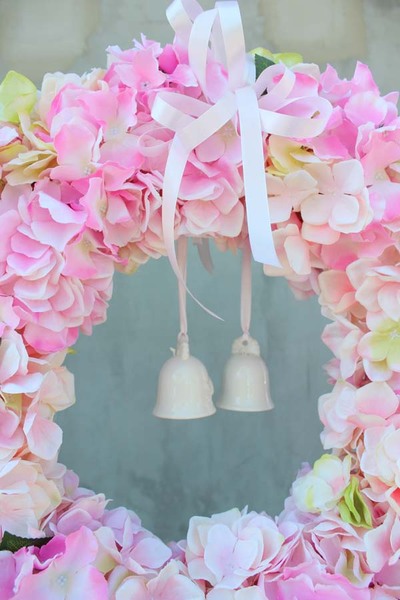 Różowa Hortensja z dzwoneczkami, wianek na drzwi, śr.60cm