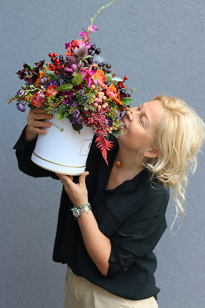 Jesienna Magia, barwny flowerbox z owocami, wys.44cm 