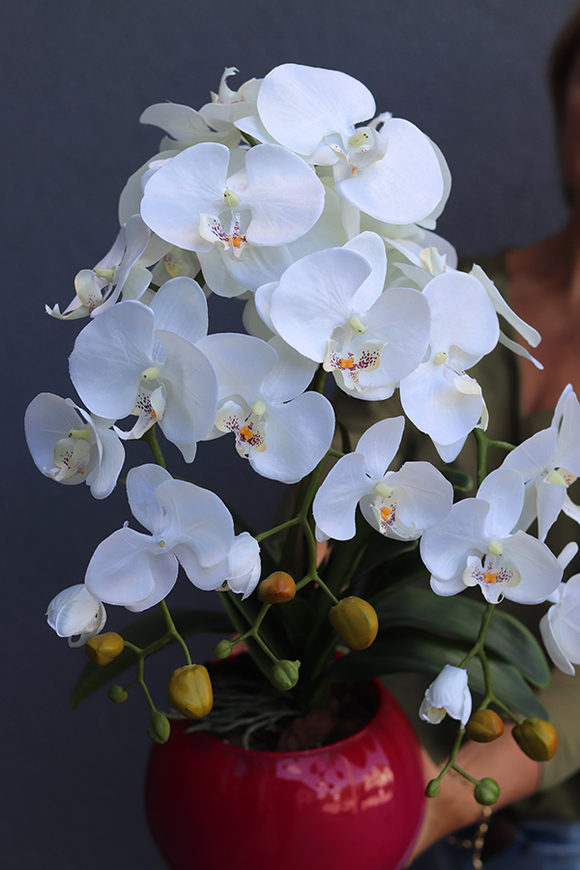 Różowa Łuna, sztuczny storczyk w amarantowej donicy, wys.59cm