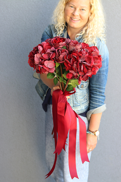 bordowy bukiet róż i hortensji, Rosallia, dł.52cm