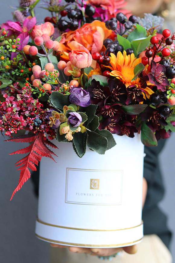 Jesienna Magia, barwny flowerbox z owocami, wys.44cm 