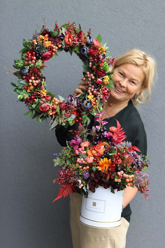 Jesienna Magia, barwny flowerbox z owocami, wys.44cm 