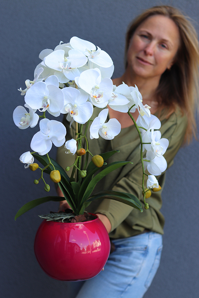 Różowa Łuna, sztuczny storczyk w amarantowej donicy, wys.59cm