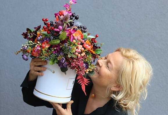 Jesienna Magia, barwny flowerbox z owocami, wys.44cm 