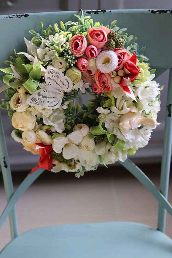 Derona, uroczy wianek z ptaszkiem i motylkiem, śr.28cm