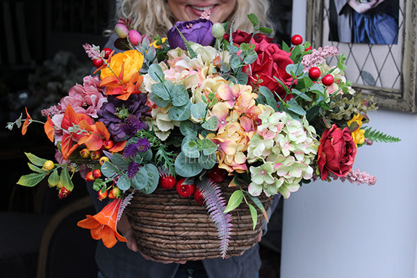 Mgła nad Polami jesienna kompozycja kwiatowa / bukiet w koszu 37x55x40cm 