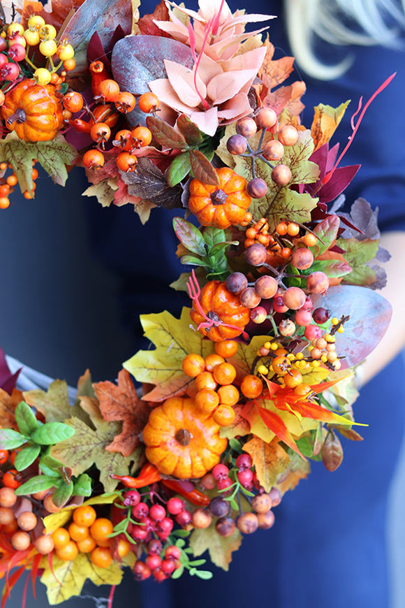 jesienny wianek z dyniami, Pomarańczowa Ekspresja, śr.34cm 