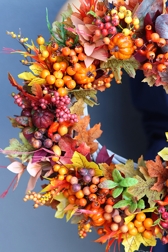 jesienny wianek z dyniami, Pomarańczowa Ekspresja, śr.34cm 