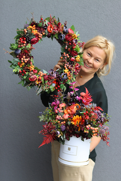 Jesienna Magia, komplet dekoracji kwiatowych, wianek & flowerbox 