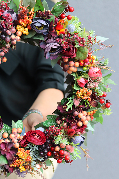 Jesienna Magia, komplet dekoracji kwiatowych, wianek & flowerbox 