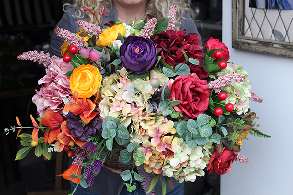 Mgła nad Polami jesienna kompozycja kwiatowa / bukiet w koszu 37x55x40cm 