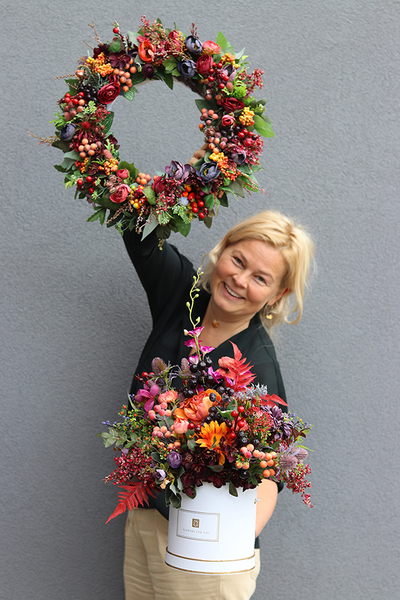 Jesienna Magia, komplet dekoracji kwiatowych, wianek & flowerbox 