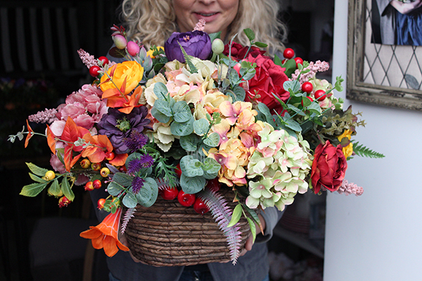 Mgła nad Polami jesienna kompozycja kwiatowa / bukiet w koszu 37x55x40cm 