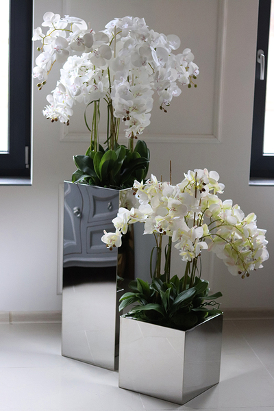 ekskluzywny storczyk w stalowej donicy, Moderno Mirror Cube, większy, wys.92cm