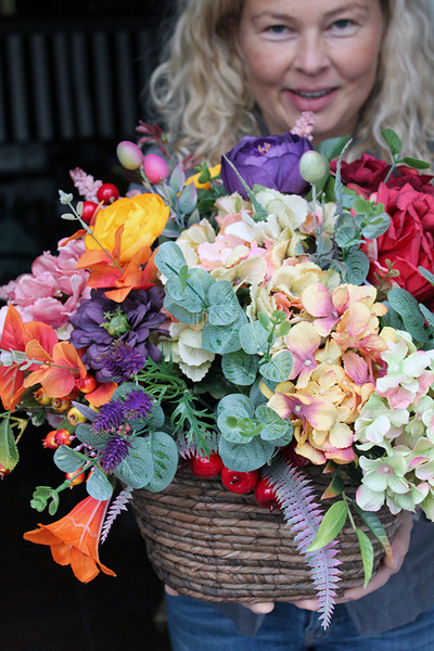 Mgła nad Polami jesienna kompozycja kwiatowa / bukiet w koszu 37x55x40cm 