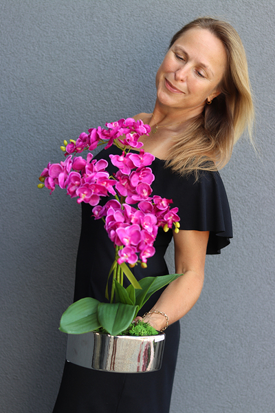 sztuczny storczyk w naczyniu glamour, Fuksja Manfredo Helga, wys.48cm