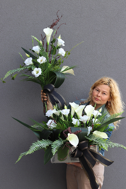 Karlitto Premium, komplet dekoracji nagrobnych z kallą i eustomą, kompozycja + bukiet 