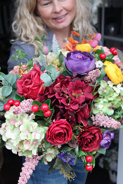 Mgła nad Polami jesienna kompozycja kwiatowa / bukiet w koszu 37x55x40cm 