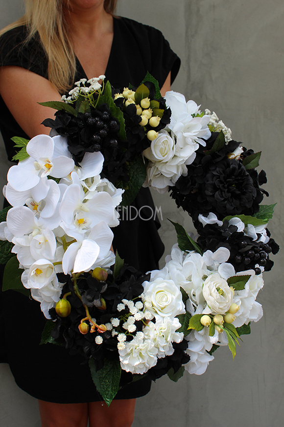 biało-czarny wianek Black&White, śr.44cm 