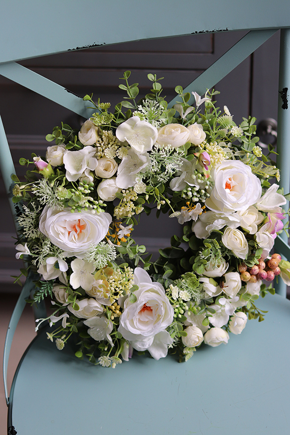 biały kwiatowy wianek, Togea, śr.32cm 