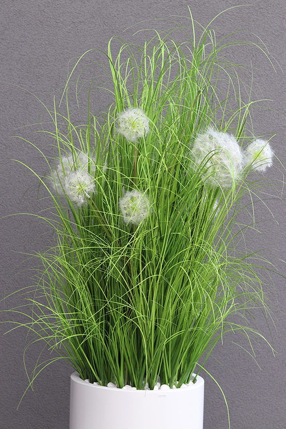 Grande Dandelion Fiberglass White, trawa w białej donicy z dmuchawcami, wys.185cm  