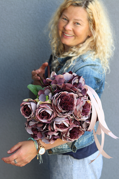 fioletowy bukiet róż i hortensji, Rosallia Purple, dł.52cm