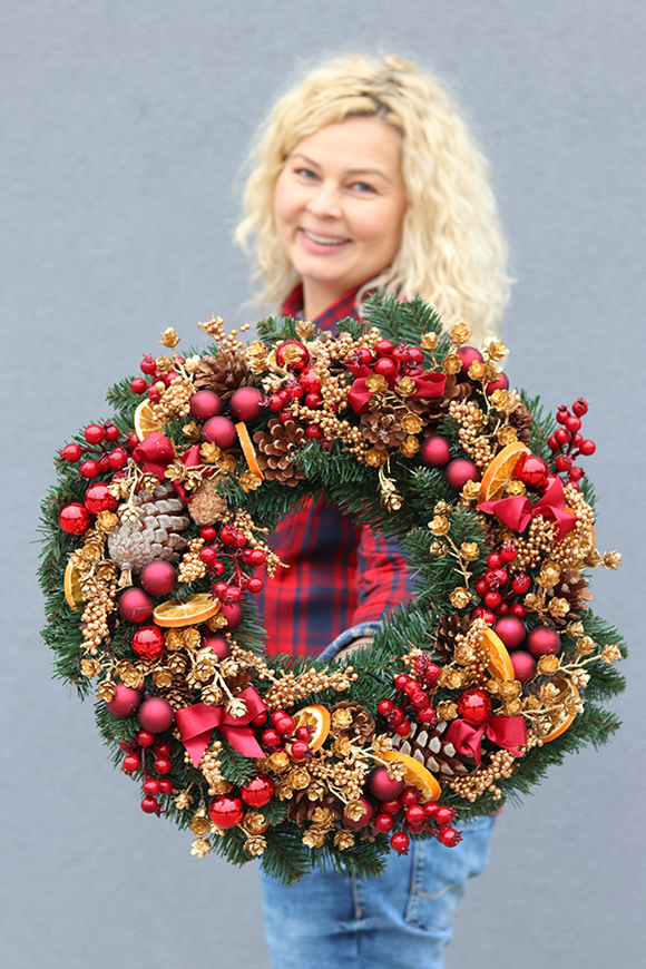 duży bożonarodzeniowy wianek, Burgundowa Wigilia, śr.50cm 