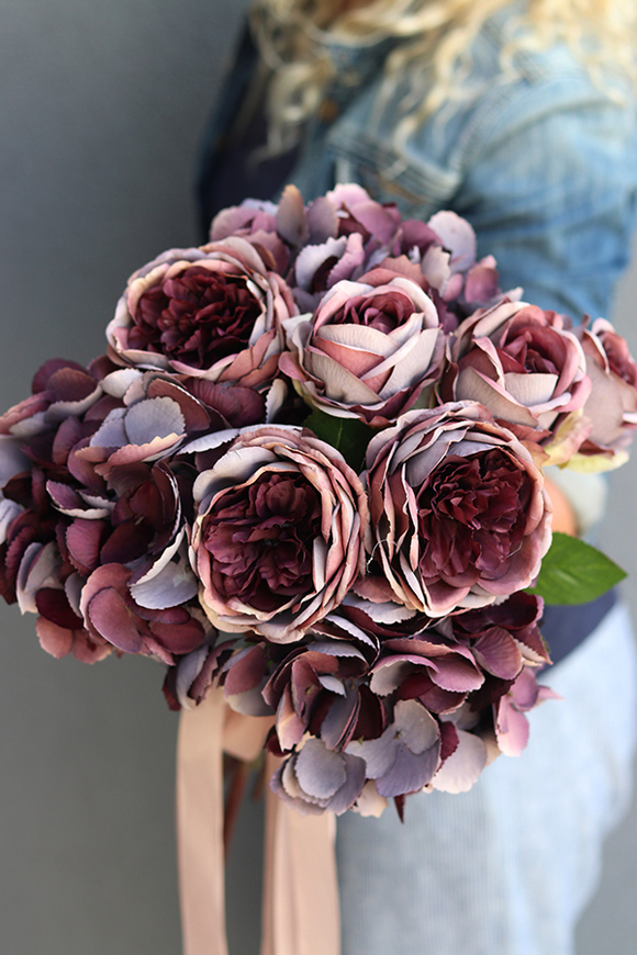 fioletowy bukiet róż i hortensji, Rosallia Purple, dł.52cm