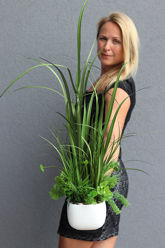 Jasson, sztuczna trawa z sukulentami w biało-srebrnej donicy, wys.85cm