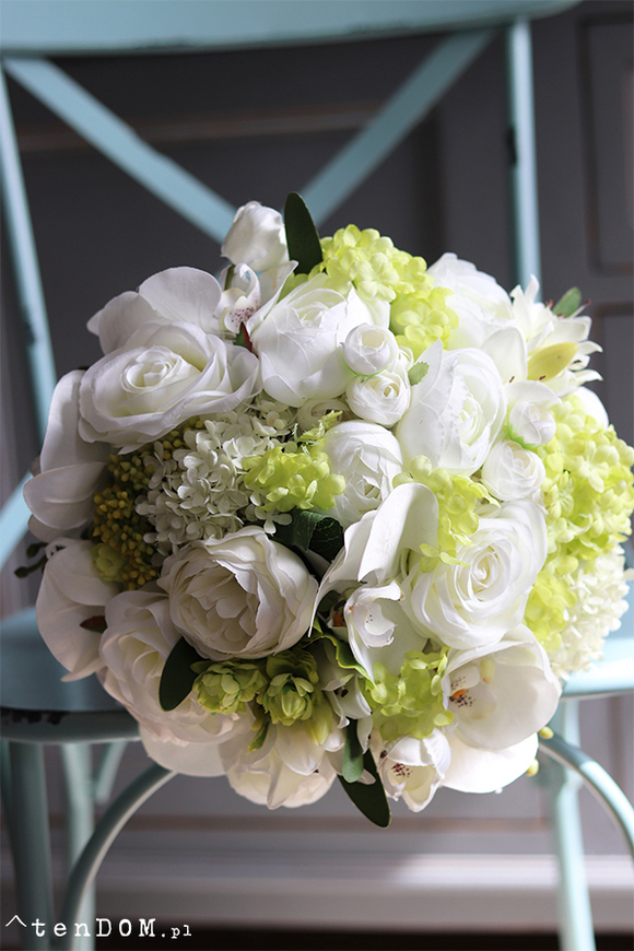 biało-zielony bukiet kwiatów w szklanym wazonie, Orchideano Big, wys.33cm