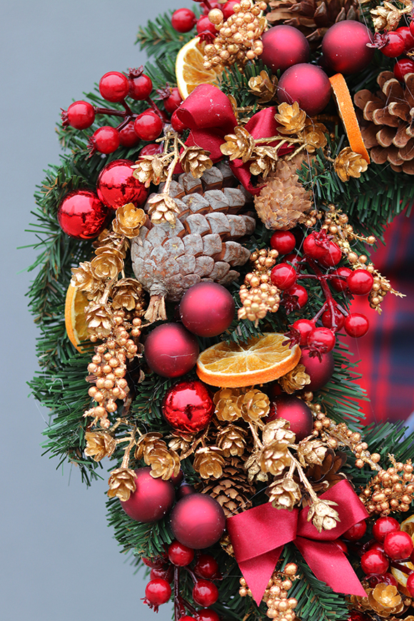 duży bożonarodzeniowy wianek, Burgundowa Wigilia, śr.50cm 