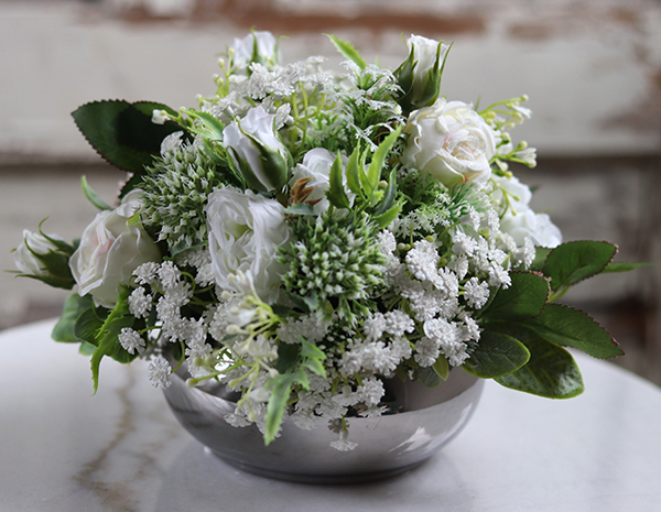 Aguenda, kompozycja kwiatowa w stylowej lustrzanej donicy, wys.20cm