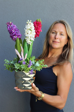 Hiacyntowo Dekory, kompozycja z hiacyntów w złotej doniczce, wys.48cm 