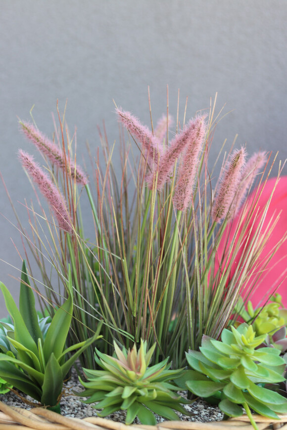 Rattania Alabama Big, kompozycja z traw i sukulentów w koszu, wym.47x45cm