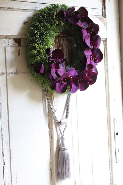 asymetryczny wianek z chwostem, Orchidelia Oberżyna, śr.42cm  